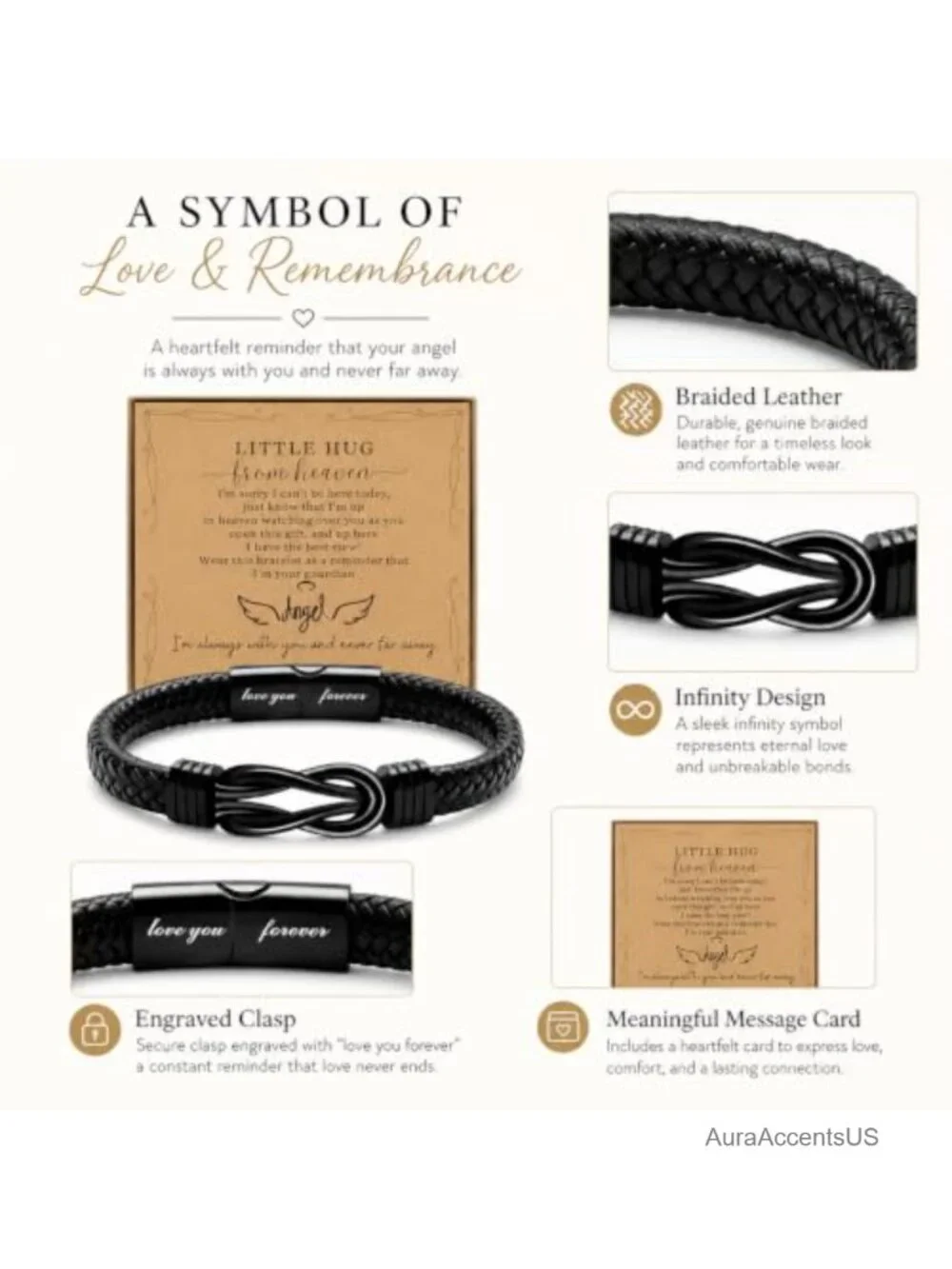 Infinity Braided Leather Memorial Bracelet with Angel Wing, Sympathy Gift for